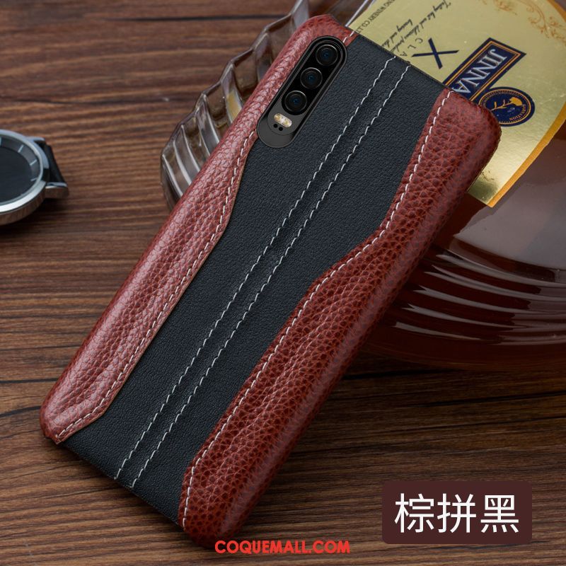 Étui Huawei P30 Cuir Véritable Créatif Simple, Coque Huawei P30 Épissure Couvercle Arrière