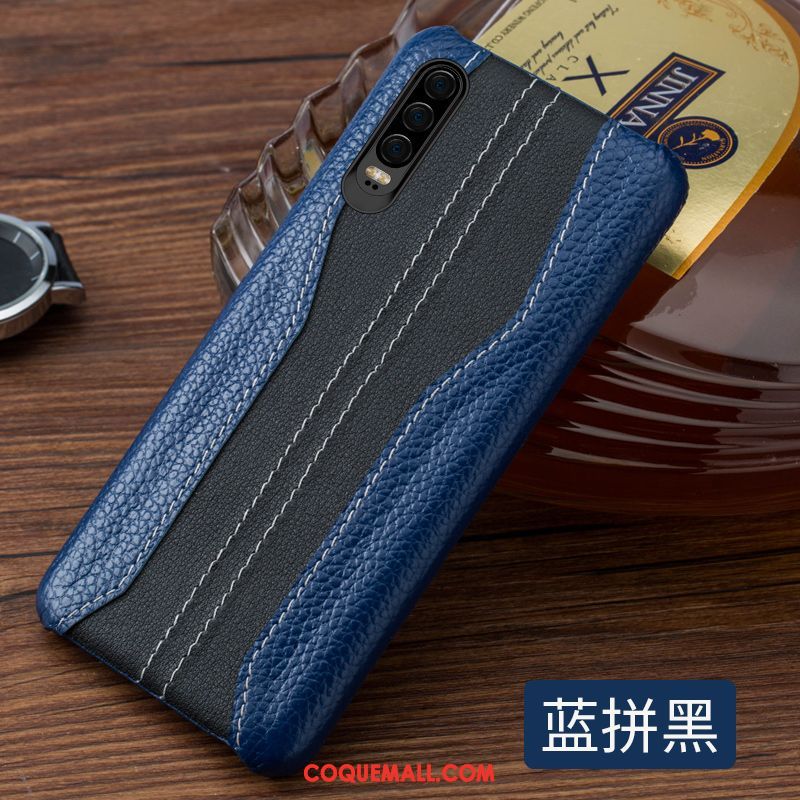 Étui Huawei P30 Cuir Véritable Créatif Simple, Coque Huawei P30 Épissure Couvercle Arrière