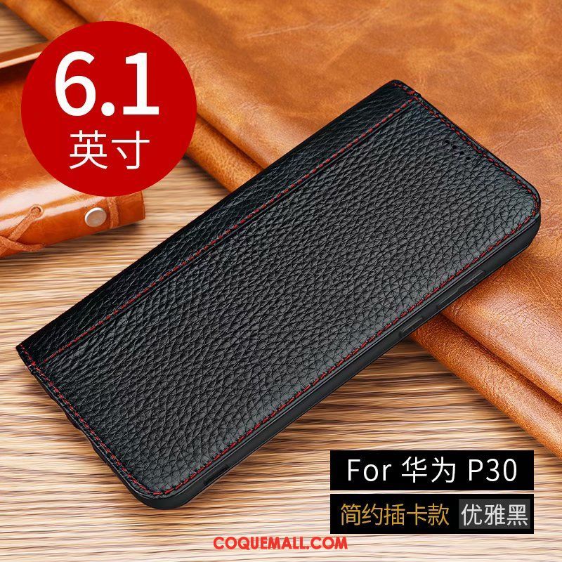 Étui Huawei P30 Incassable Protection Cuir Véritable, Coque Huawei P30 Marron Téléphone Portable