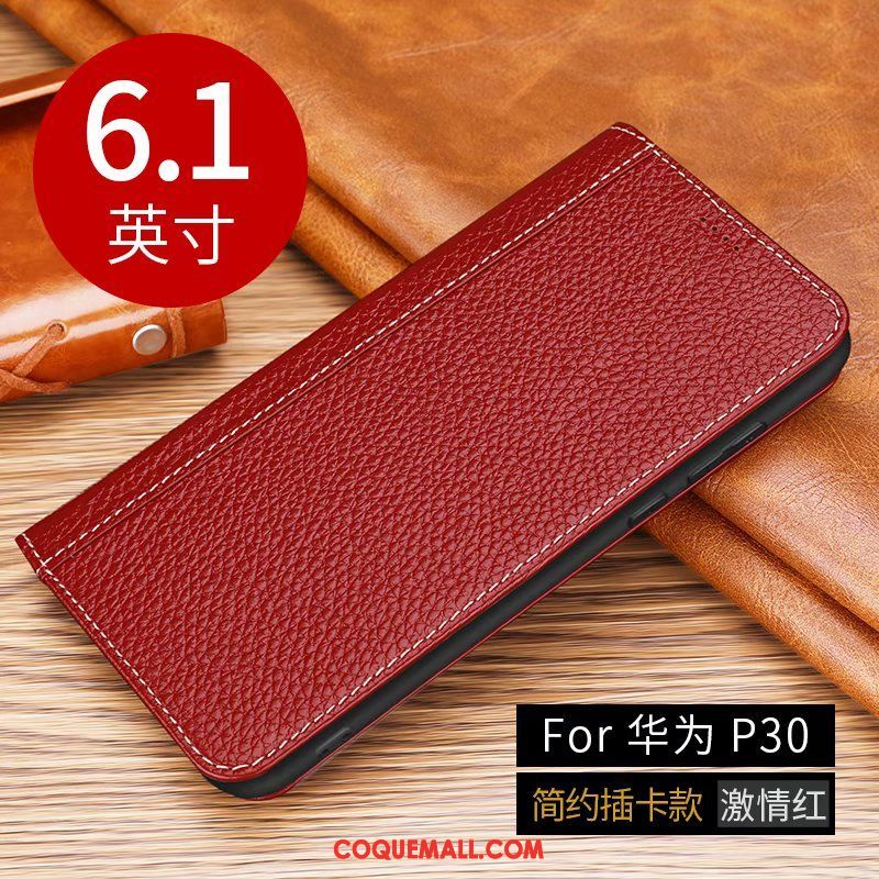 Étui Huawei P30 Incassable Protection Cuir Véritable, Coque Huawei P30 Marron Téléphone Portable