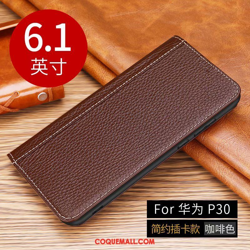 Étui Huawei P30 Incassable Protection Cuir Véritable, Coque Huawei P30 Marron Téléphone Portable