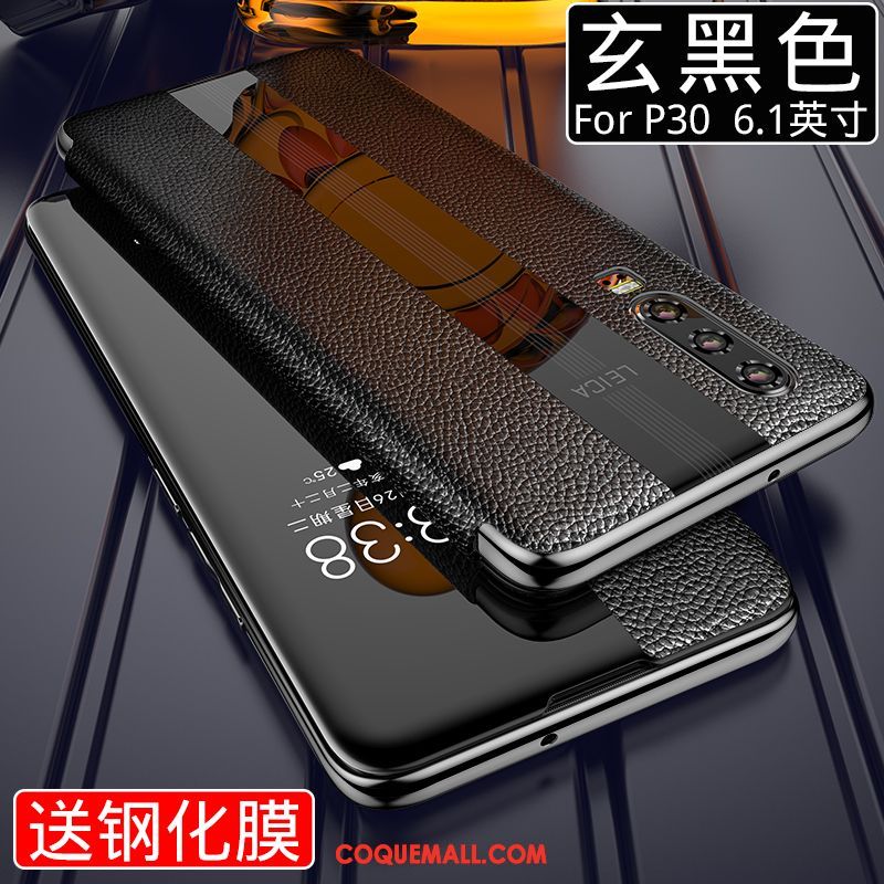 Étui Huawei P30 Luxe Cuir Véritable Verre, Coque Huawei P30 Incassable Rouge