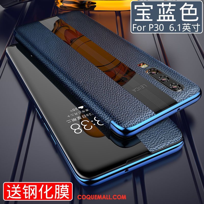 Étui Huawei P30 Luxe Cuir Véritable Verre, Coque Huawei P30 Incassable Rouge