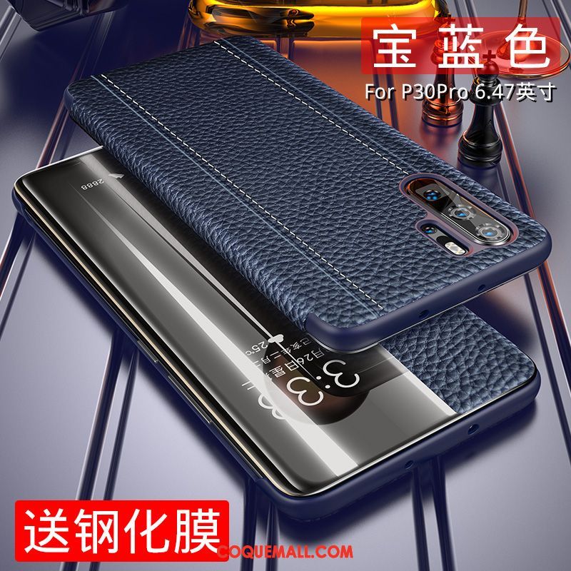 Étui Huawei P30 Pro Luxe En Cuir Difficile, Coque Huawei P30 Pro Business Bleu