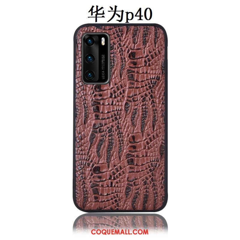 Étui Huawei P40 Crocodile Protection Téléphone Portable, Coque Huawei P40 Couvercle Arrière Cuir Véritable Braun