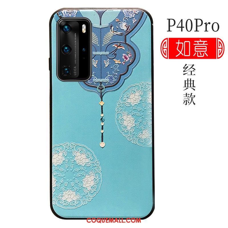 Étui Huawei P40 Pro Bleu Téléphone Portable Support, Coque Huawei P40 Pro Personnalité Style Chinois