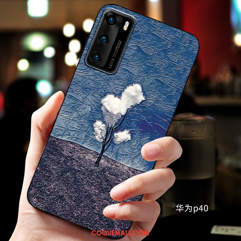 Étui Huawei P40 Protection Téléphone Portable Fluide Doux, Coque Huawei P40 Bleu Gaufrage