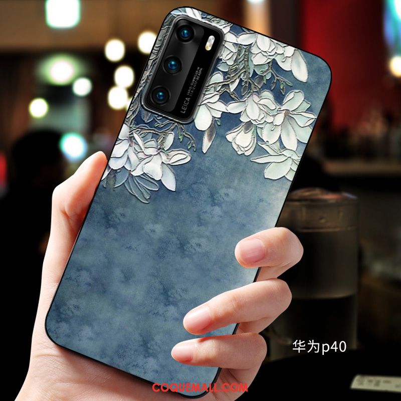 Étui Huawei P40 Protection Téléphone Portable Fluide Doux, Coque Huawei P40 Bleu Gaufrage