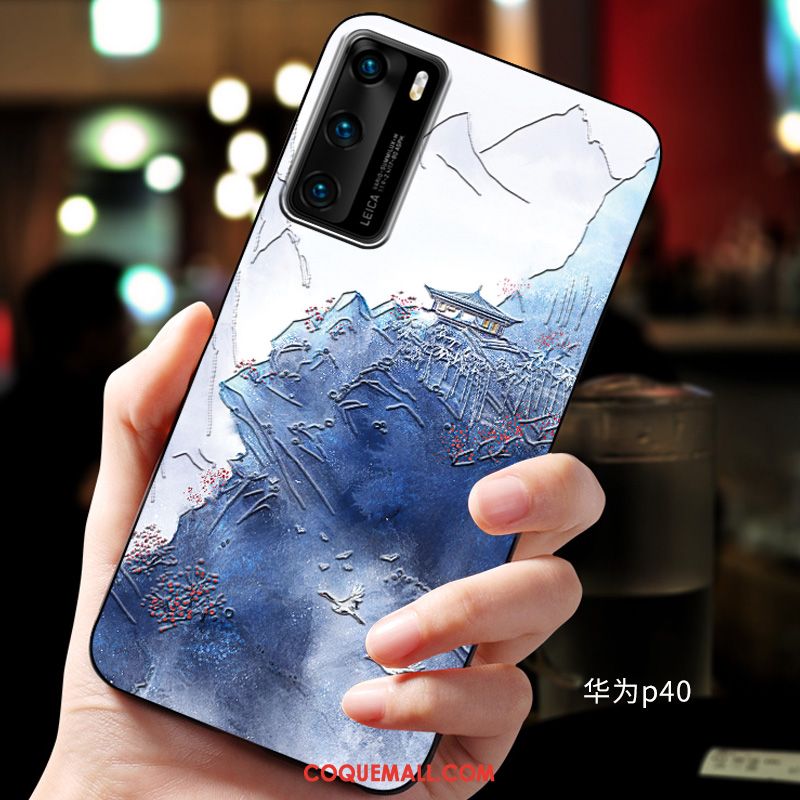 Étui Huawei P40 Protection Téléphone Portable Fluide Doux, Coque Huawei P40 Bleu Gaufrage