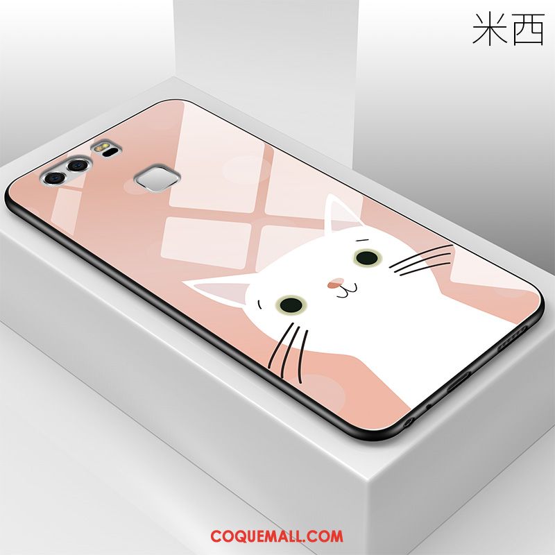 Étui Huawei P9 Plus Difficile Dessin Animé Téléphone Portable, Coque Huawei P9 Plus Chat Verre Beige