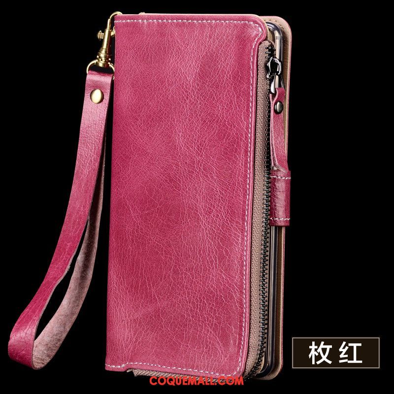 Étui Huawei Y6 2019 Cuir Véritable Portefeuille Bovins, Coque Huawei Y6 2019 Téléphone Portable Rouge