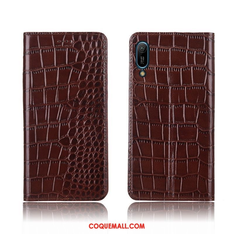 Étui Huawei Y6 2019 Téléphone Portable Protection Crocodile, Coque Huawei Y6 2019 Cuir Véritable Fluide Doux Braun