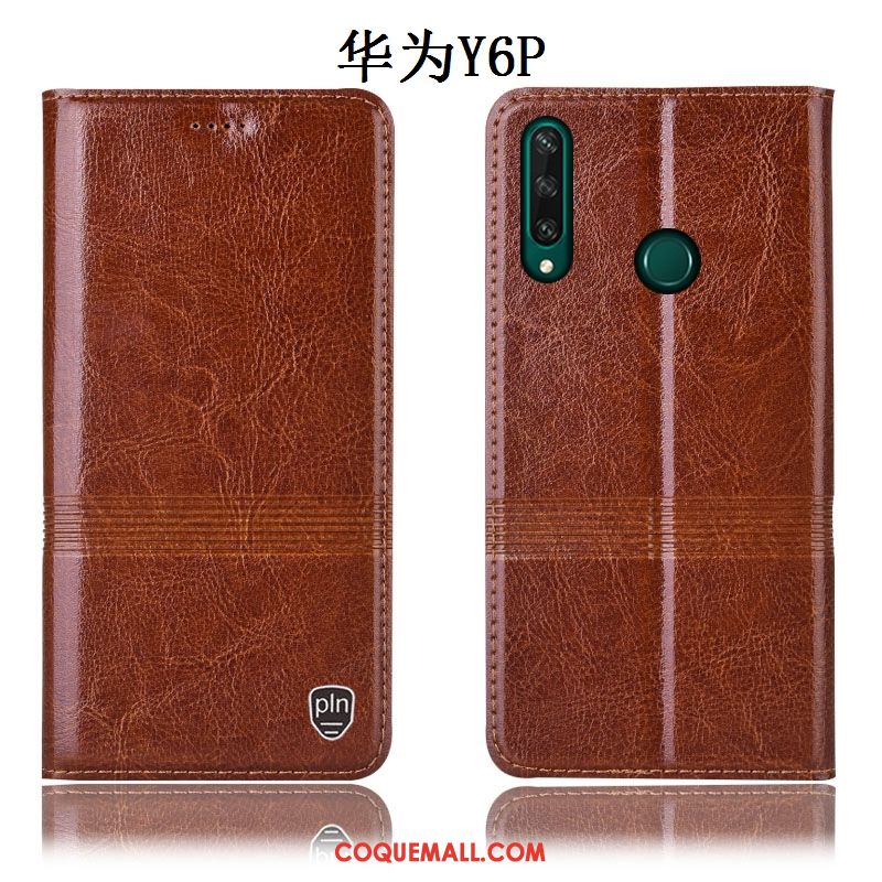 Étui Huawei Y6p Cuir Véritable Rouge Incassable, Coque Huawei Y6p Protection Modèle Fleurie