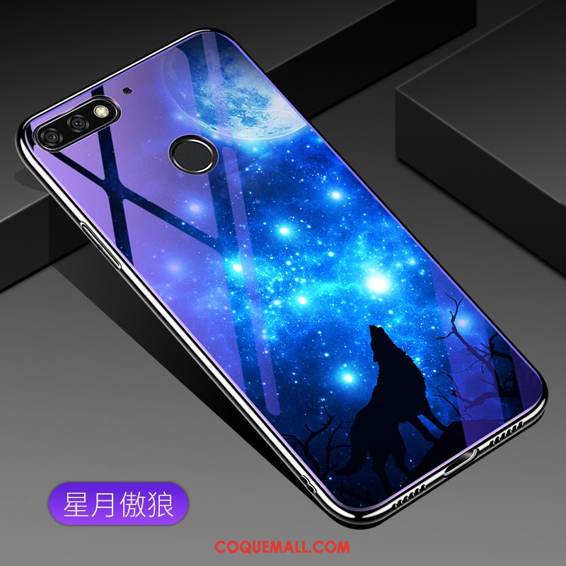 Étui Huawei Y7 2018 Bleu Protection Placage, Coque Huawei Y7 2018 Verre Trempé Téléphone Portable