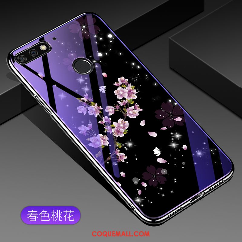 Étui Huawei Y7 2018 Bleu Protection Placage, Coque Huawei Y7 2018 Verre Trempé Téléphone Portable