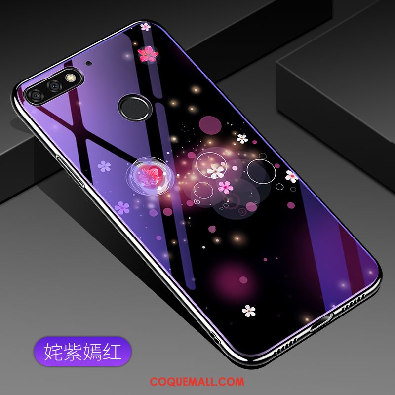 Étui Huawei Y7 2018 Bleu Protection Placage, Coque Huawei Y7 2018 Verre Trempé Téléphone Portable