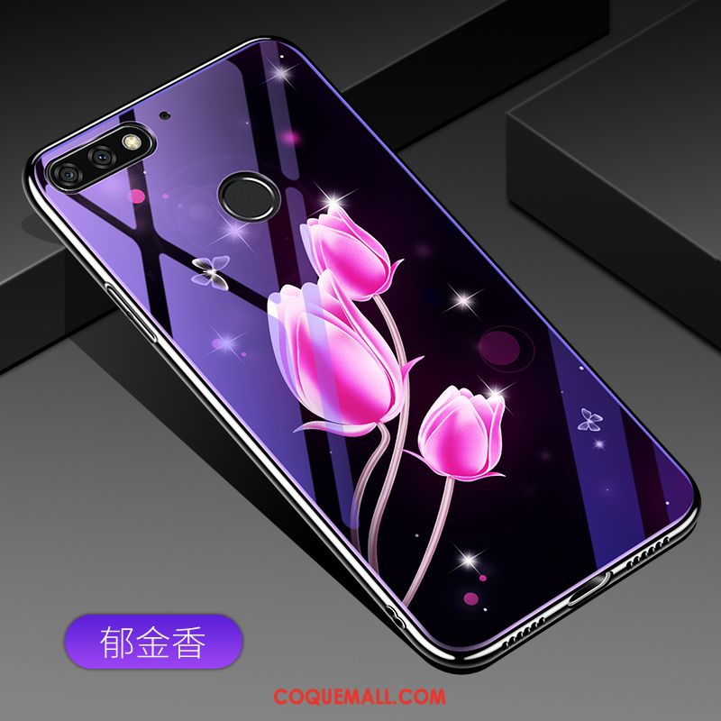 Étui Huawei Y7 2018 Bleu Protection Placage, Coque Huawei Y7 2018 Verre Trempé Téléphone Portable