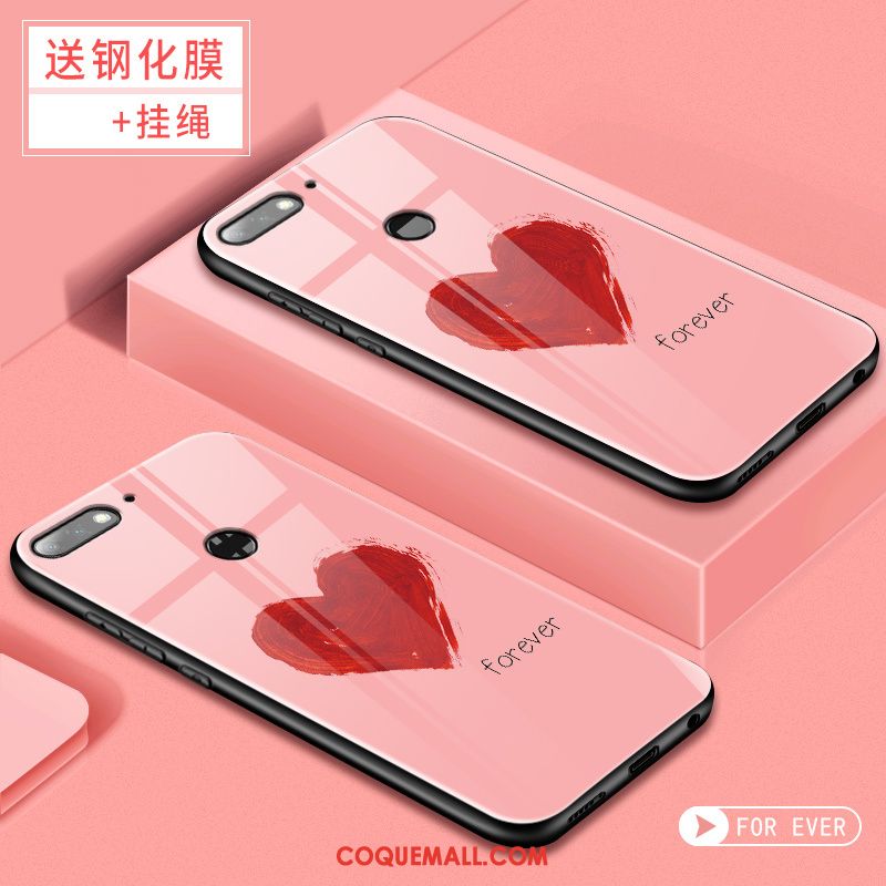 Étui Huawei Y7 2018 Verre Trempé Rose Tendance, Coque Huawei Y7 2018 Membrane Tempérer