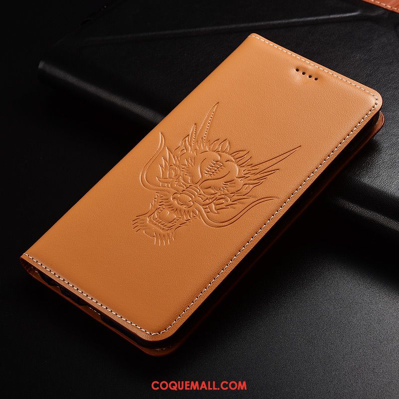 Étui Moto G7 Play Dragon Modèle Fleurie Jaune, Coque Moto G7 Play Cuir Véritable Téléphone Portable