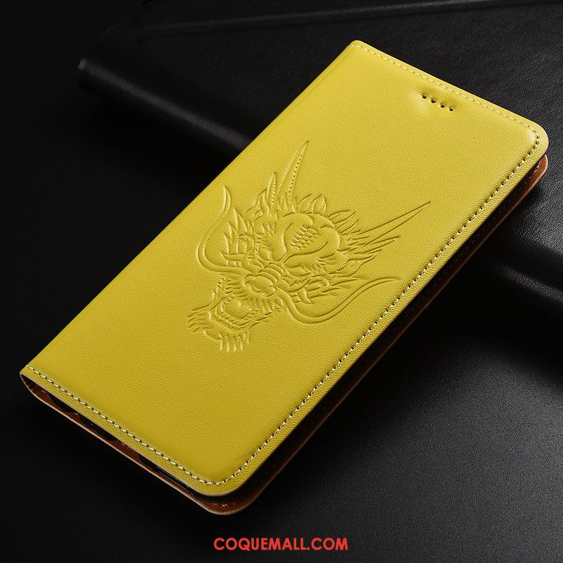 Étui Moto G7 Play Dragon Modèle Fleurie Jaune, Coque Moto G7 Play Cuir Véritable Téléphone Portable