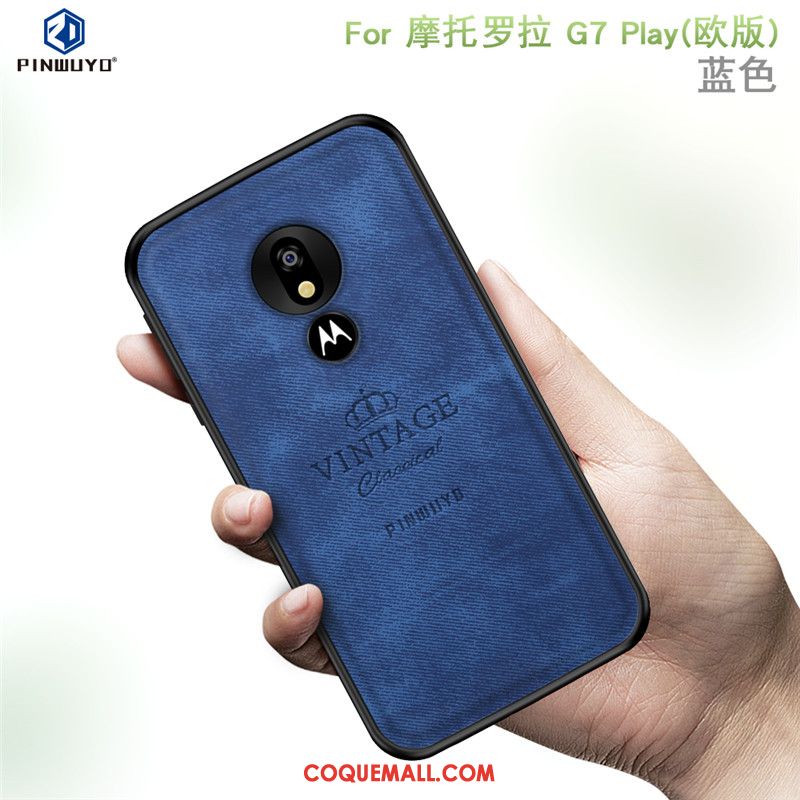 Étui Moto G7 Play Tout Compris Modèle Fleurie Europe, Coque Moto G7 Play Tissu Bleu