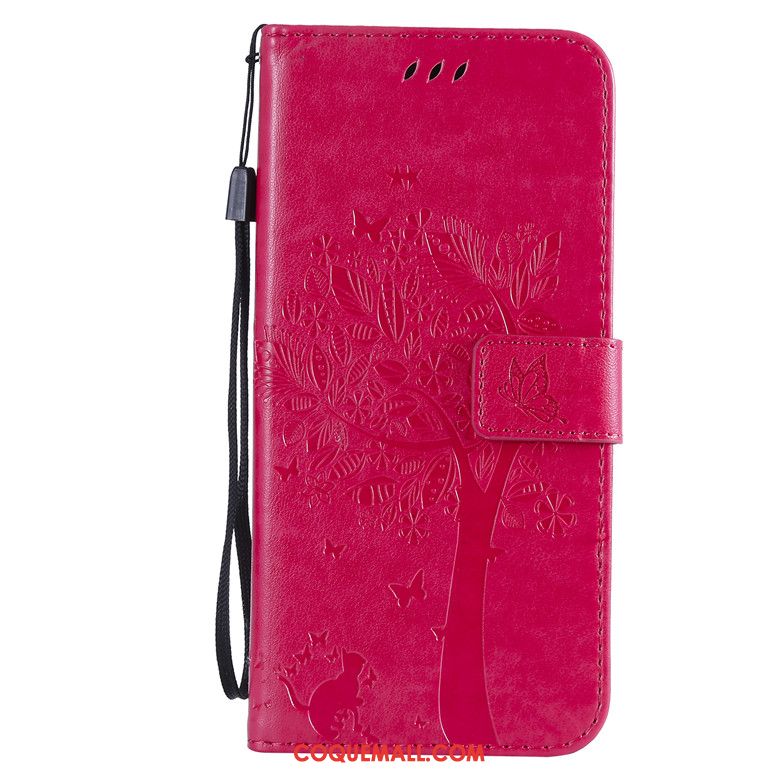 Étui Moto G8 Incassable Rouge En Cuir, Coque Moto G8 Clamshell Arbres