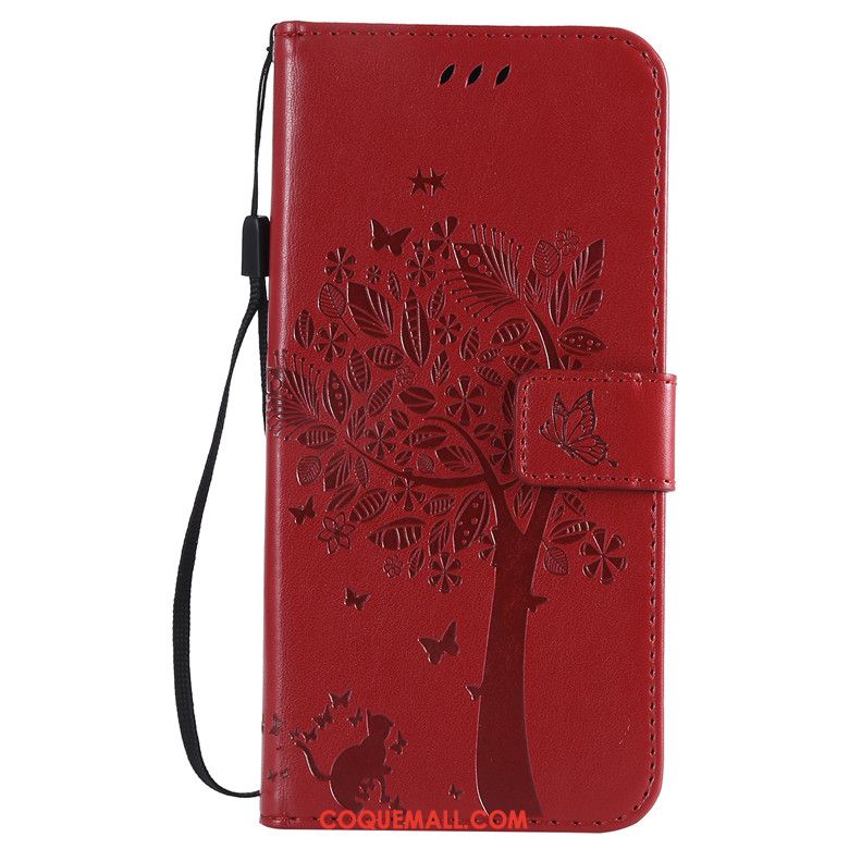 Étui Moto G8 Incassable Rouge En Cuir, Coque Moto G8 Clamshell Arbres