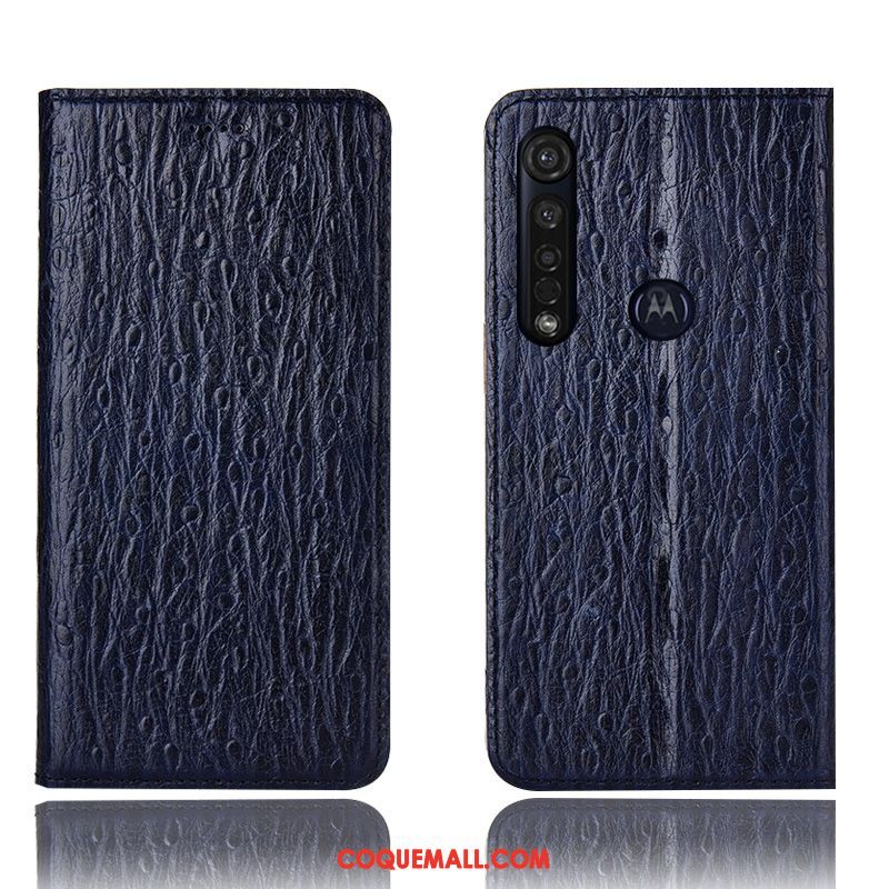 Étui Moto G8 Plus Tout Compris Cuir Véritable Incassable, Coque Moto G8 Plus Téléphone Portable Bleu