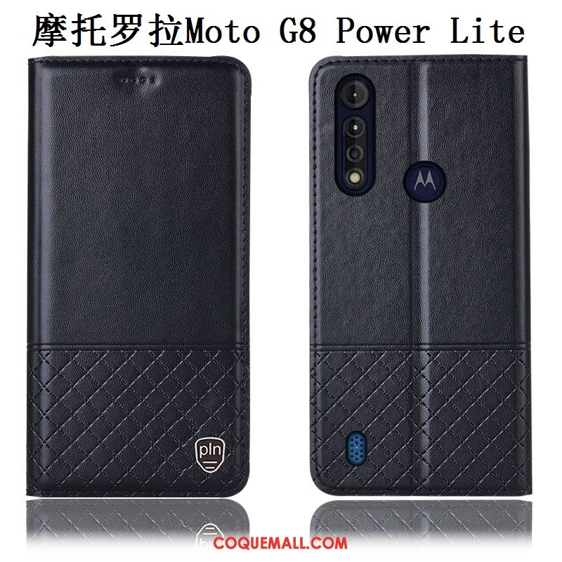 Étui Moto G8 Power Lite Cuir Véritable Incassable En Cuir, Coque Moto G8 Power Lite Bleu Téléphone Portable
