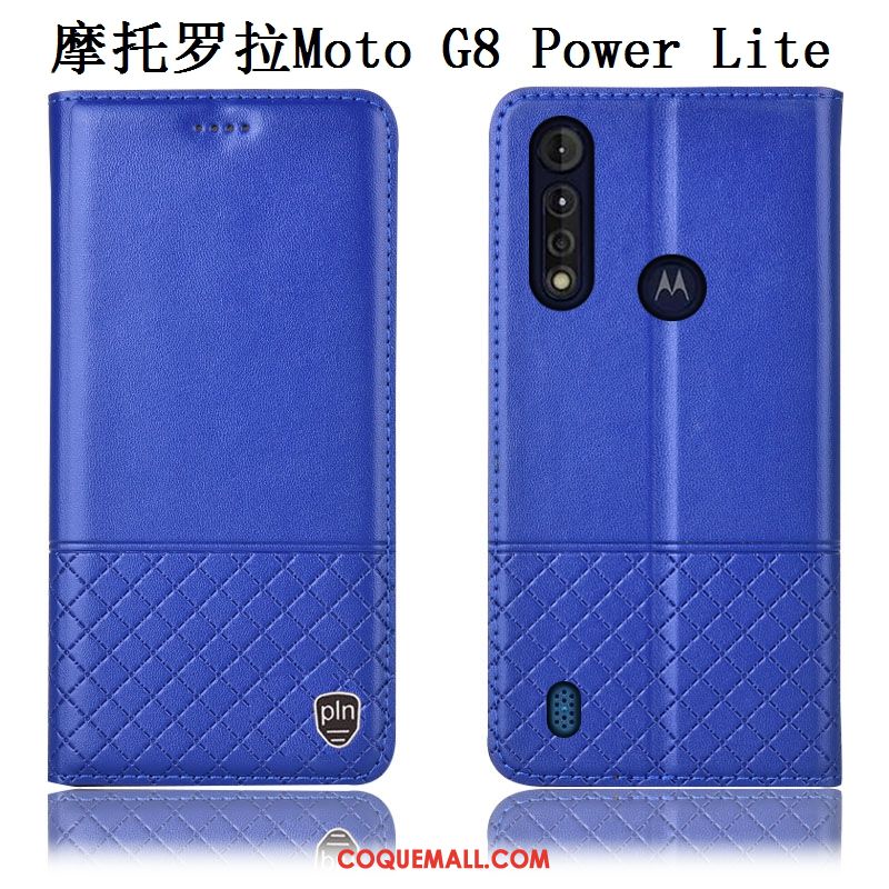 Étui Moto G8 Power Lite Cuir Véritable Incassable En Cuir, Coque Moto G8 Power Lite Bleu Téléphone Portable