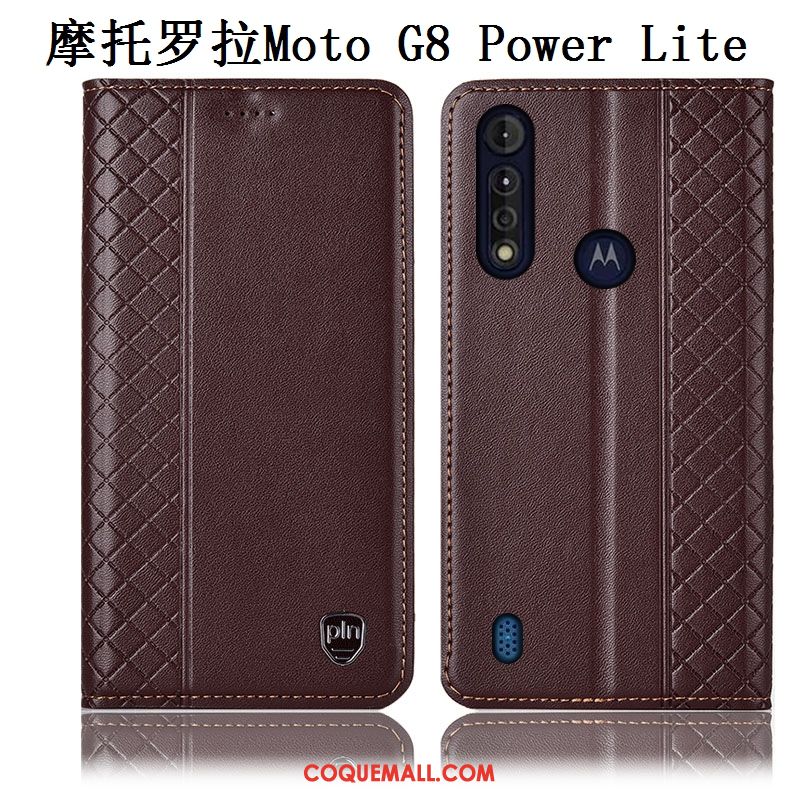 Étui Moto G8 Power Lite Marron Cuir Véritable Incassable, Coque Moto G8 Power Lite Tout Compris Protection