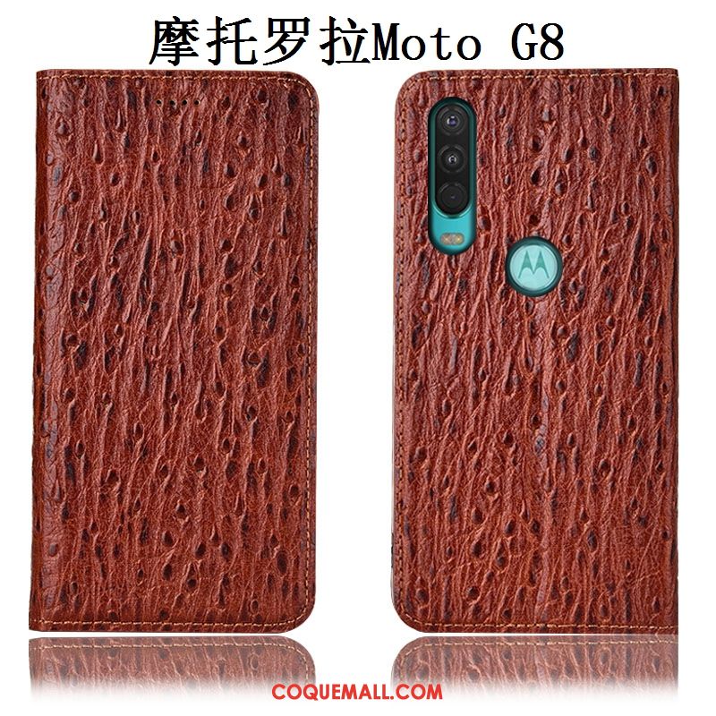 Étui Moto G8 Tout Compris Cuir Véritable Oiseau, Coque Moto G8 Bleu Marin Protection