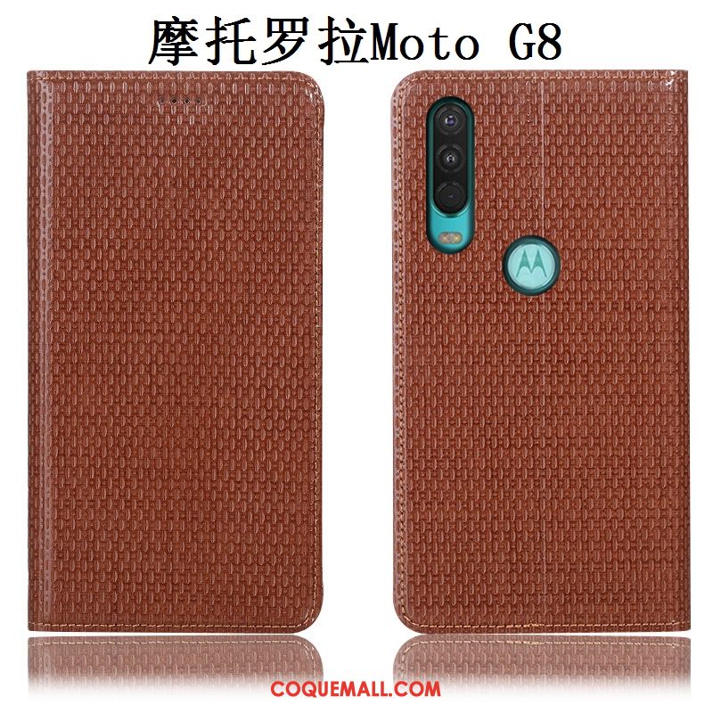 Étui Moto G8 Tout Compris Cuir Véritable Protection, Coque Moto G8 Marron Téléphone Portable