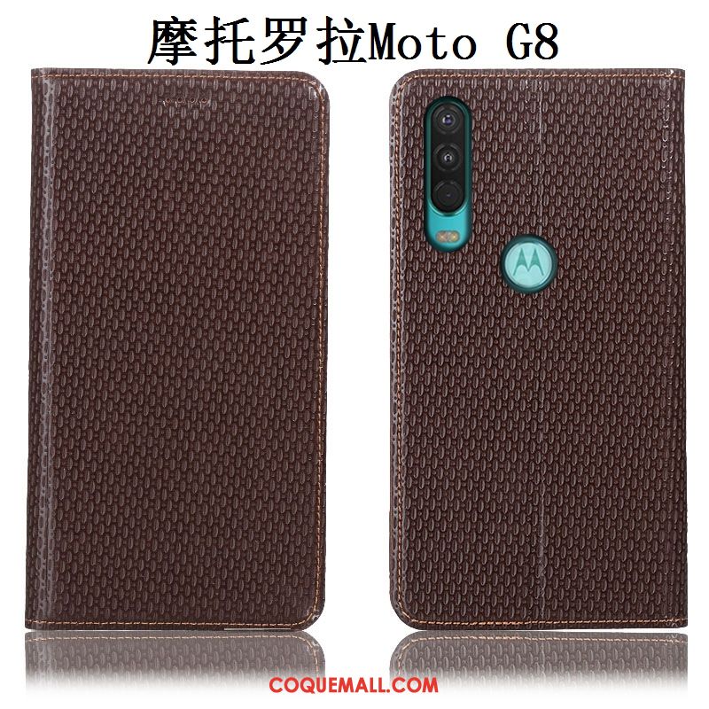 Étui Moto G8 Tout Compris Cuir Véritable Protection, Coque Moto G8 Marron Téléphone Portable