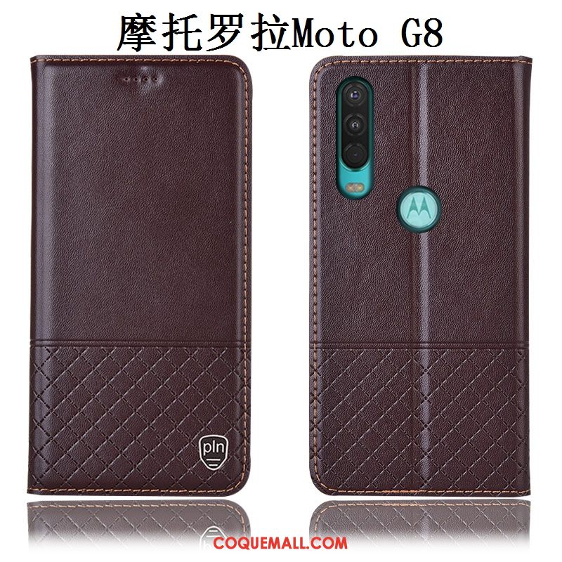 Étui Moto G8 Tout Compris Protection Cuir Véritable, Coque Moto G8 Téléphone Portable Marron