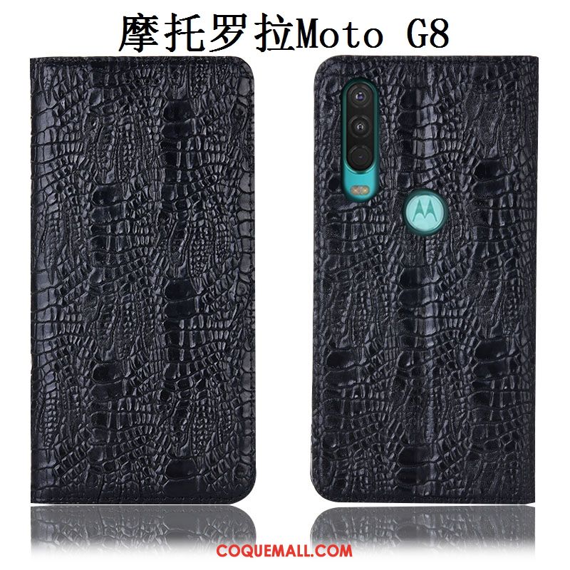 Étui Moto G8 Téléphone Portable Bleu Cuir Véritable, Coque Moto G8 Incassable Protection