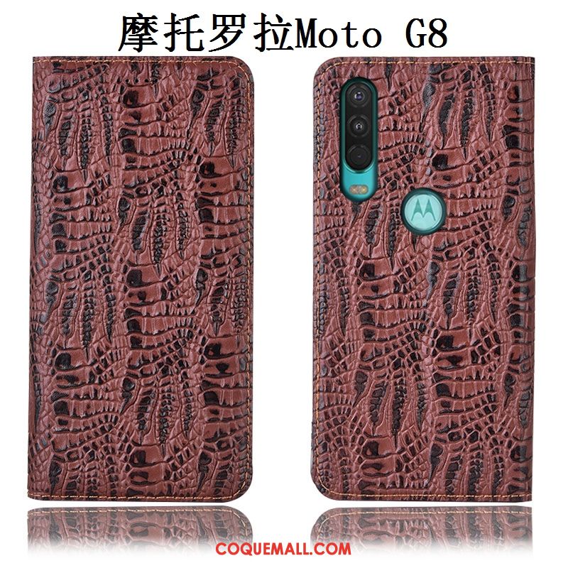 Étui Moto G8 Téléphone Portable Bleu Cuir Véritable, Coque Moto G8 Incassable Protection