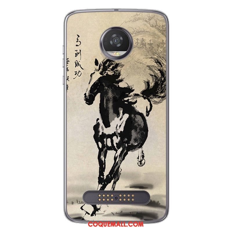 Étui Moto Z2 Play Peinture Style Chinois Noir, Coque Moto Z2 Play Blanc Fluide Doux