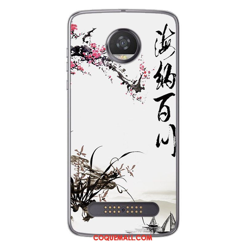 Étui Moto Z2 Play Peinture Style Chinois Noir, Coque Moto Z2 Play Blanc Fluide Doux