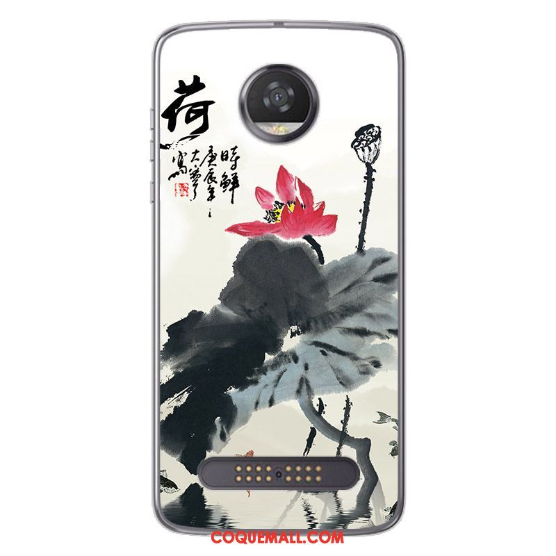 Étui Moto Z2 Play Peinture Style Chinois Noir, Coque Moto Z2 Play Blanc Fluide Doux