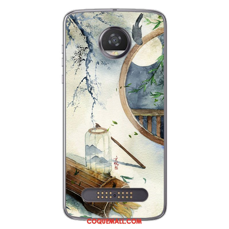 Étui Moto Z2 Play Peinture Style Chinois Noir, Coque Moto Z2 Play Blanc Fluide Doux