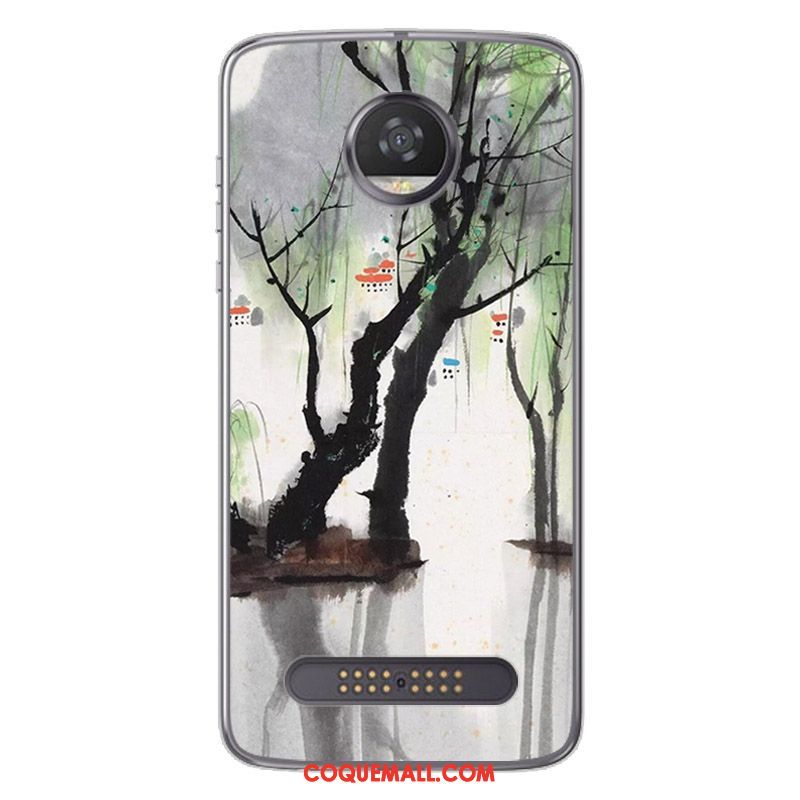 Étui Moto Z2 Play Peinture Style Chinois Noir, Coque Moto Z2 Play Blanc Fluide Doux