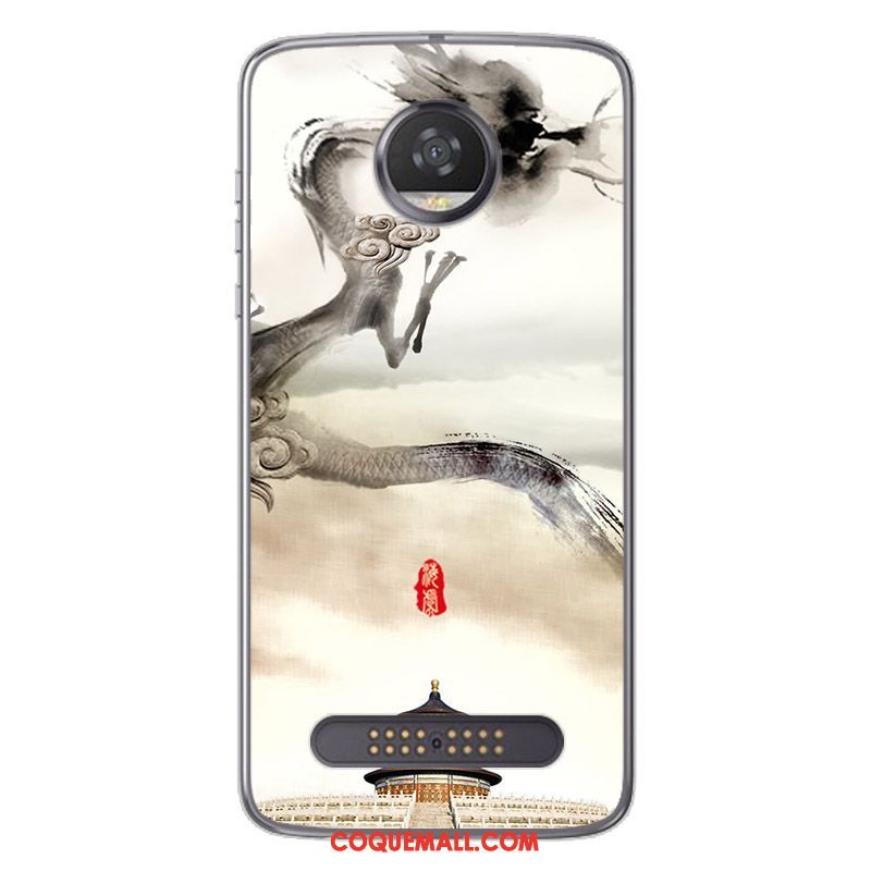 Étui Moto Z2 Play Peinture Style Chinois Noir, Coque Moto Z2 Play Blanc Fluide Doux