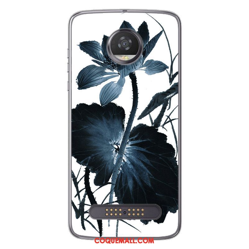 Étui Moto Z2 Play Peinture Style Chinois Noir, Coque Moto Z2 Play Blanc Fluide Doux