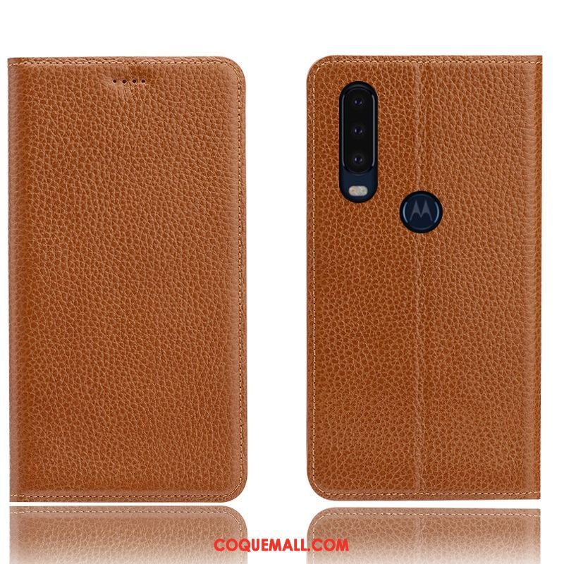 Étui Motorola One Action Cuir Véritable Modèle Fleurie Litchi, Coque Motorola One Action Incassable Protection