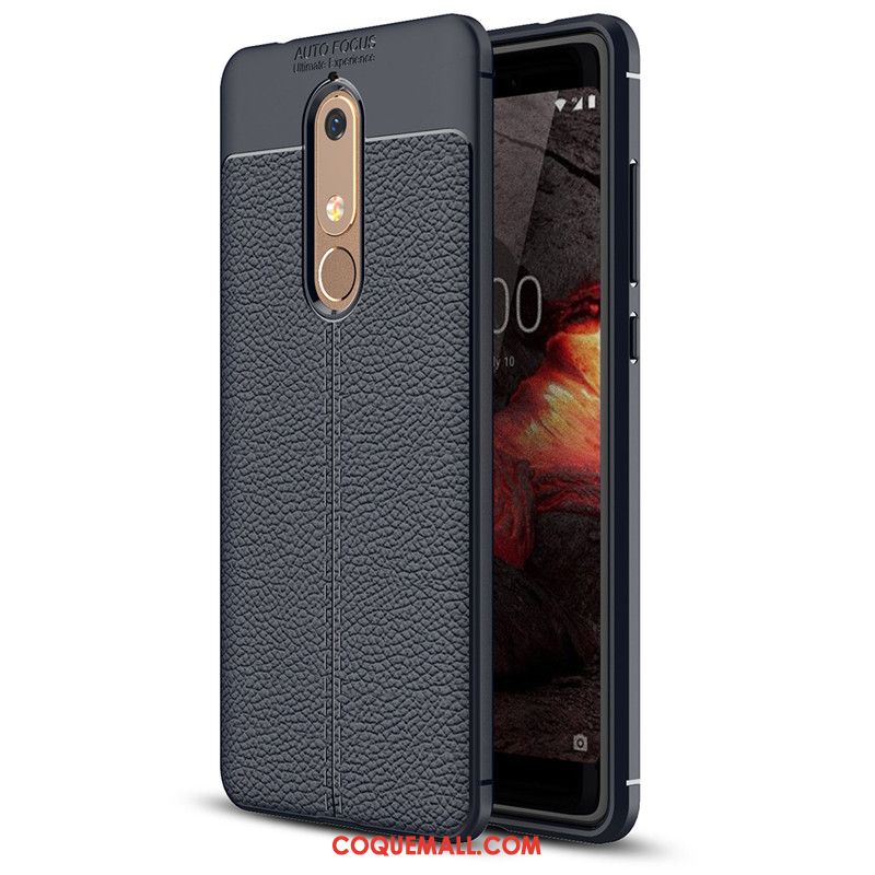 Étui Nokia 5.1 Litchi Bleu Cuir, Coque Nokia 5.1 Fluide Doux Tout Compris