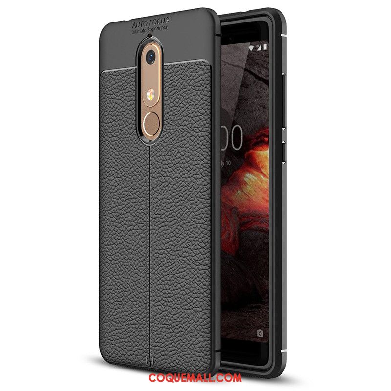 Étui Nokia 5.1 Litchi Bleu Cuir, Coque Nokia 5.1 Fluide Doux Tout Compris