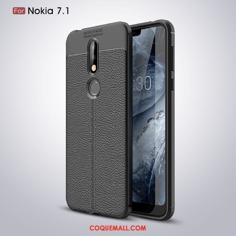 Étui Nokia 7.1 Litchi Fluide Doux Incassable, Coque Nokia 7.1 Noir Cuir