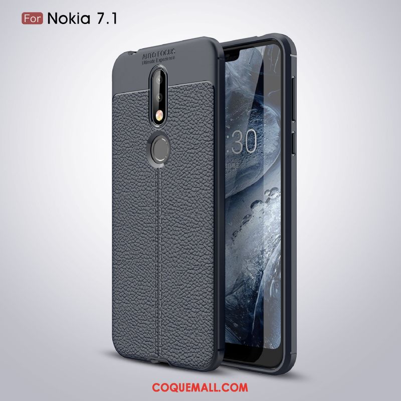 Étui Nokia 7.1 Litchi Fluide Doux Incassable, Coque Nokia 7.1 Noir Cuir