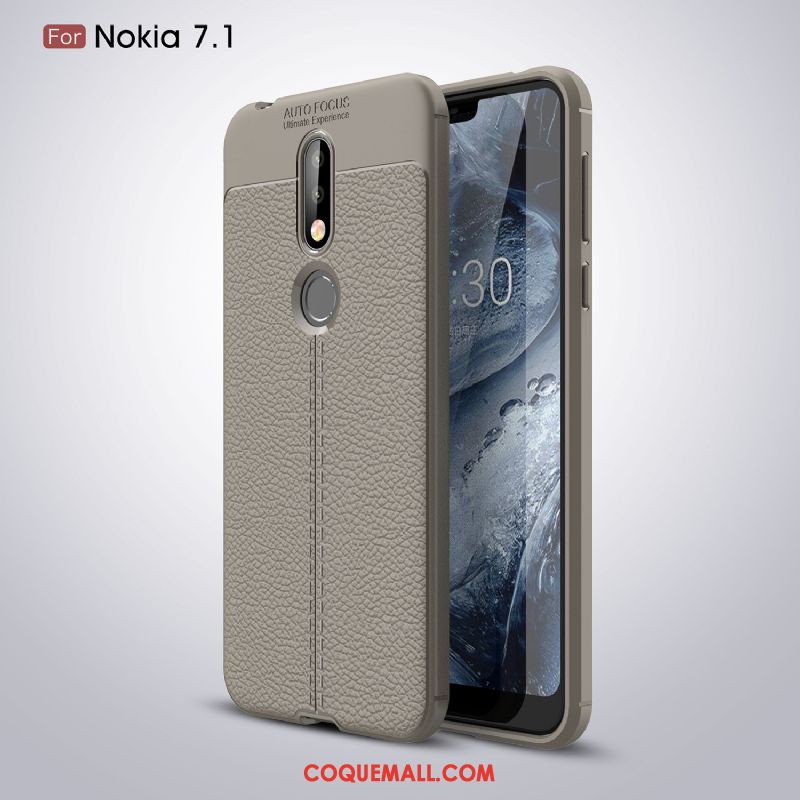 Étui Nokia 7.1 Litchi Fluide Doux Incassable, Coque Nokia 7.1 Noir Cuir